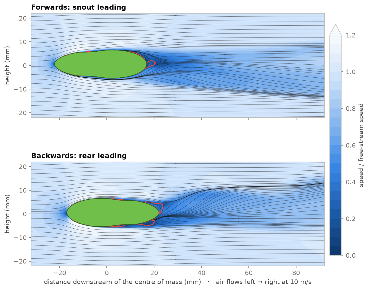 Side-view velocity slices on the frog's centreline for both orientations